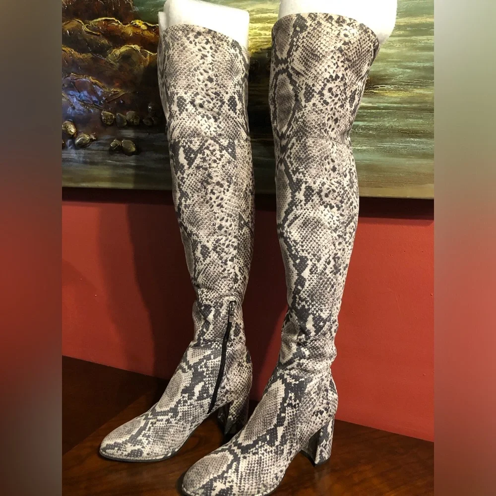 Snake-Print Over-the-Knee Block Heel Boots - Women